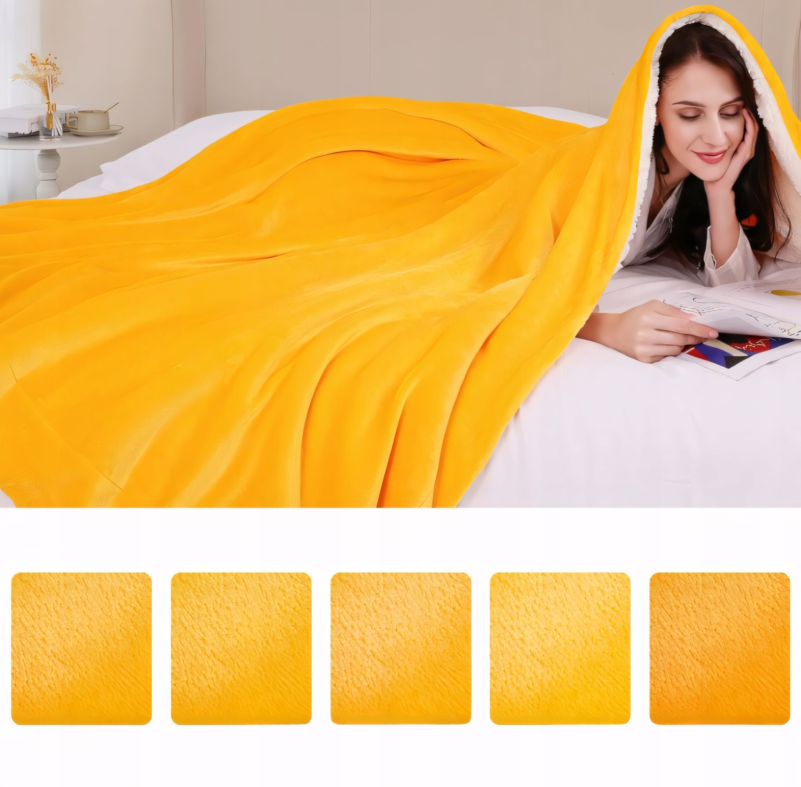 Koc Sherpa 160 × 200 cm żółty, dwustronny, 550 GSM