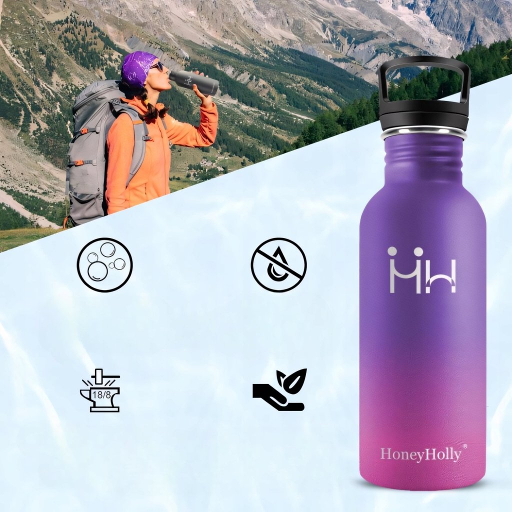 Butelka stalowa 500 ml ze słomką, 2 nakrętki, fiolet - róż | REEVE