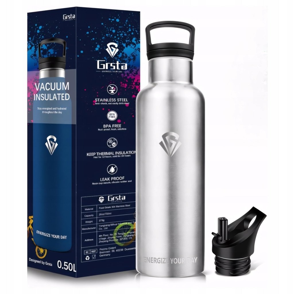 Butelka termiczna stalowa srebrna 500 ml, 2 nakrętki