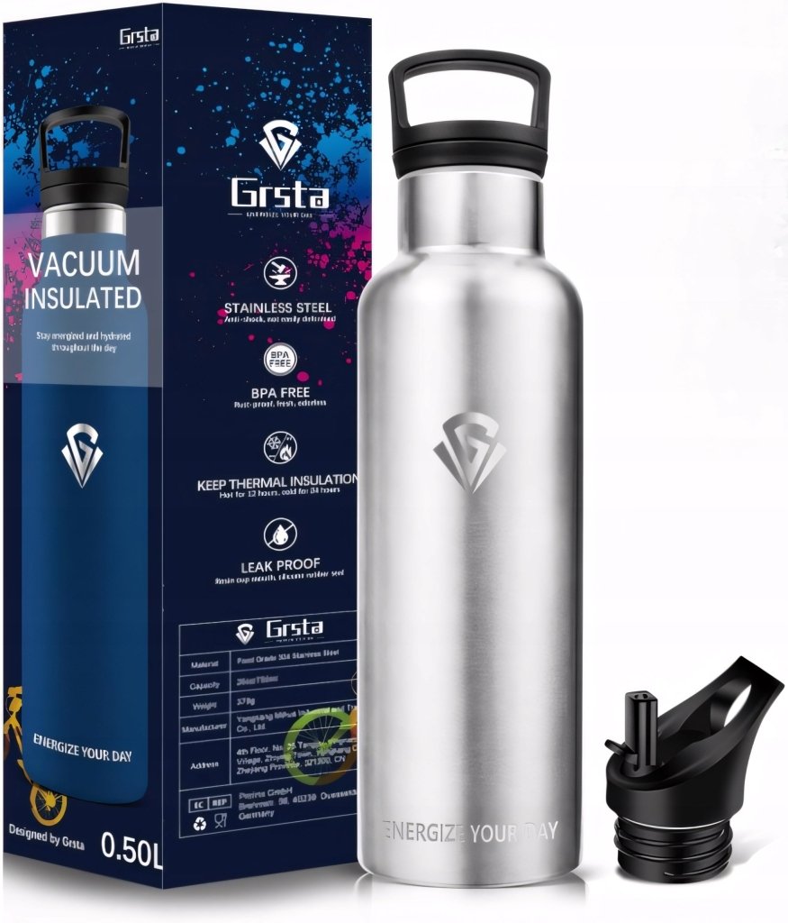 Butelka termiczna stalowa srebrna 500 ml, 2 nakrętki