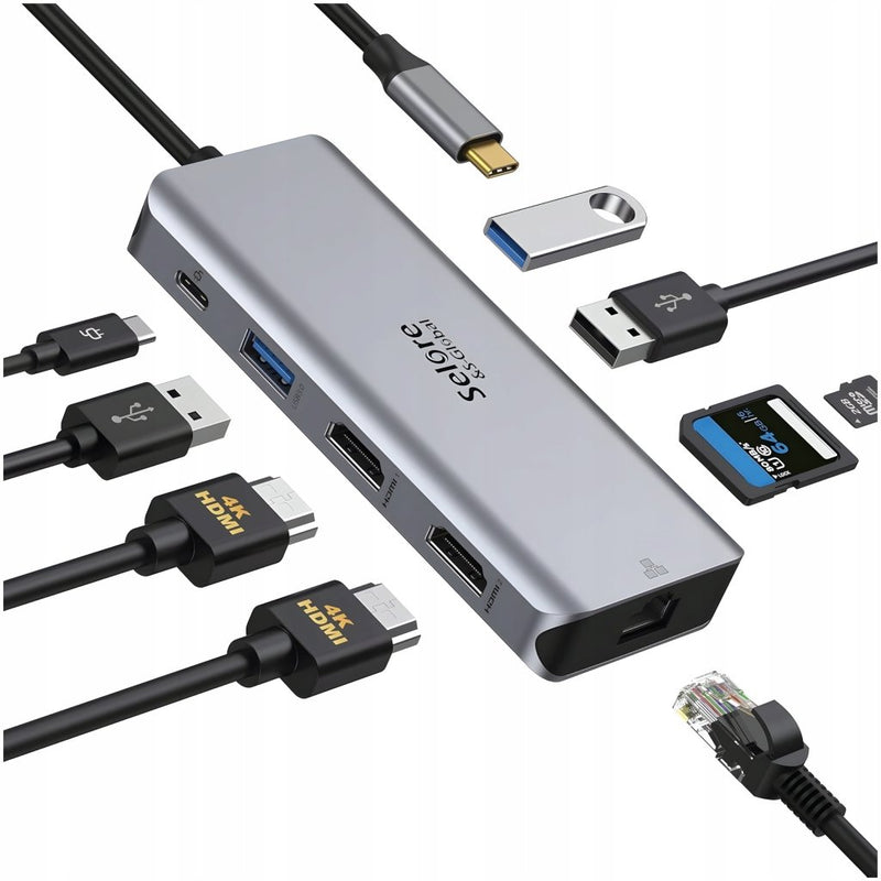 HUB USB - C 9w1 stacja dokująca 2x HDMI 4K PD 100W | REEVE