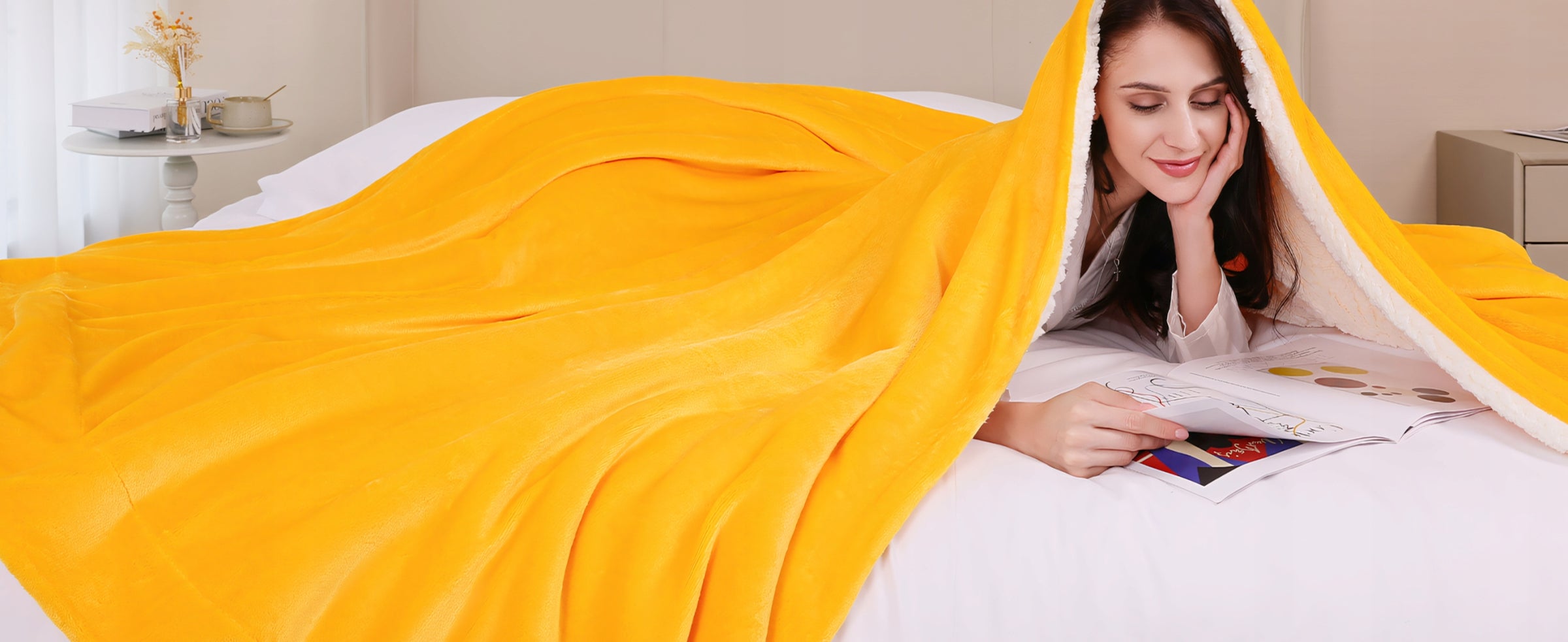 Koc Sherpa 160 × 200 cm żółty, dwustronny, 550 GSM