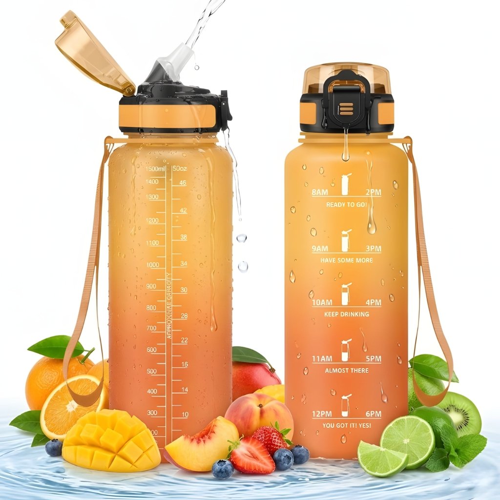 Bidon 1,5 l z miarką godzinową i słomką, żółto - pomarańczowy | REEVE
