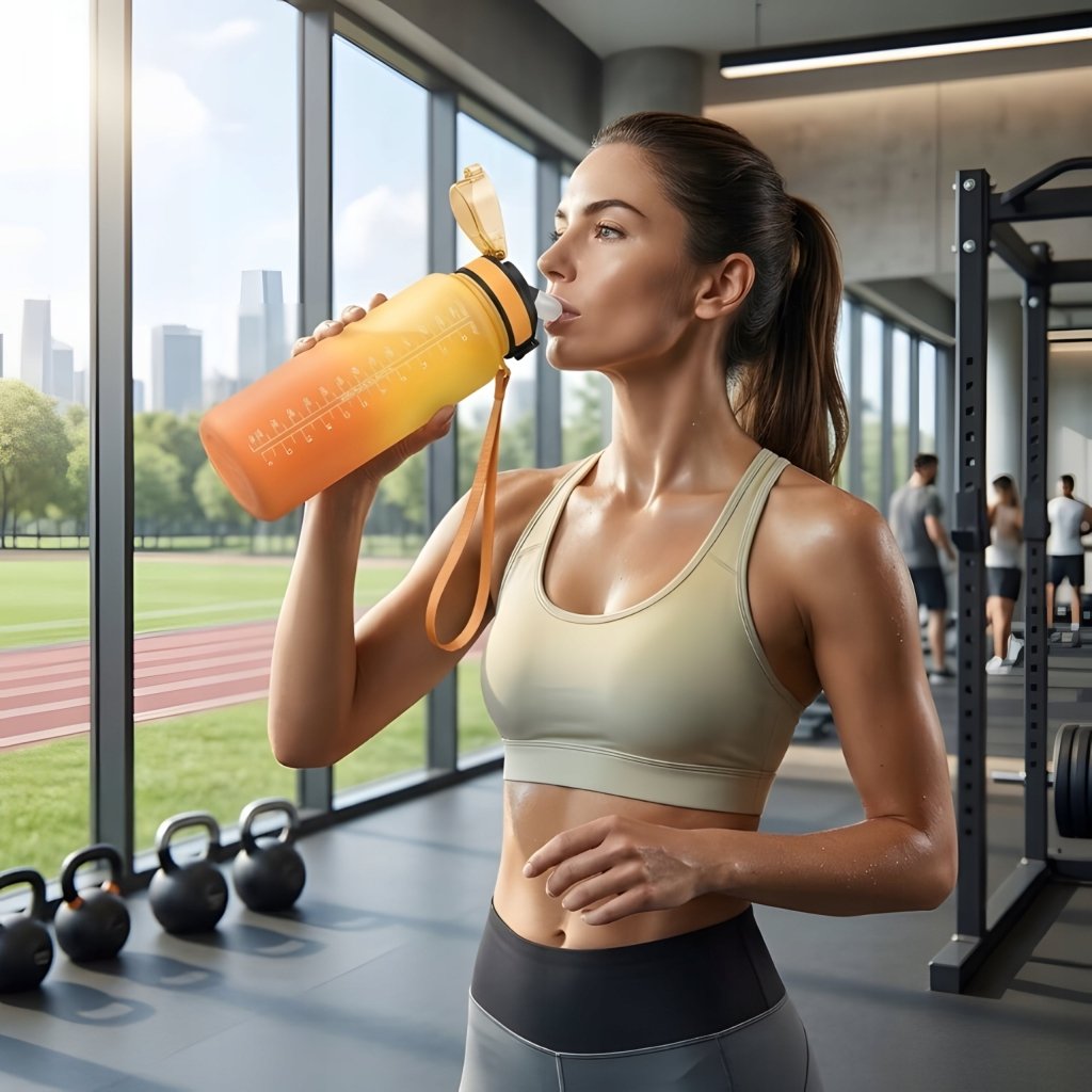 Bidon 1,5 l z miarką godzinową i słomką, żółto - pomarańczowy | REEVE