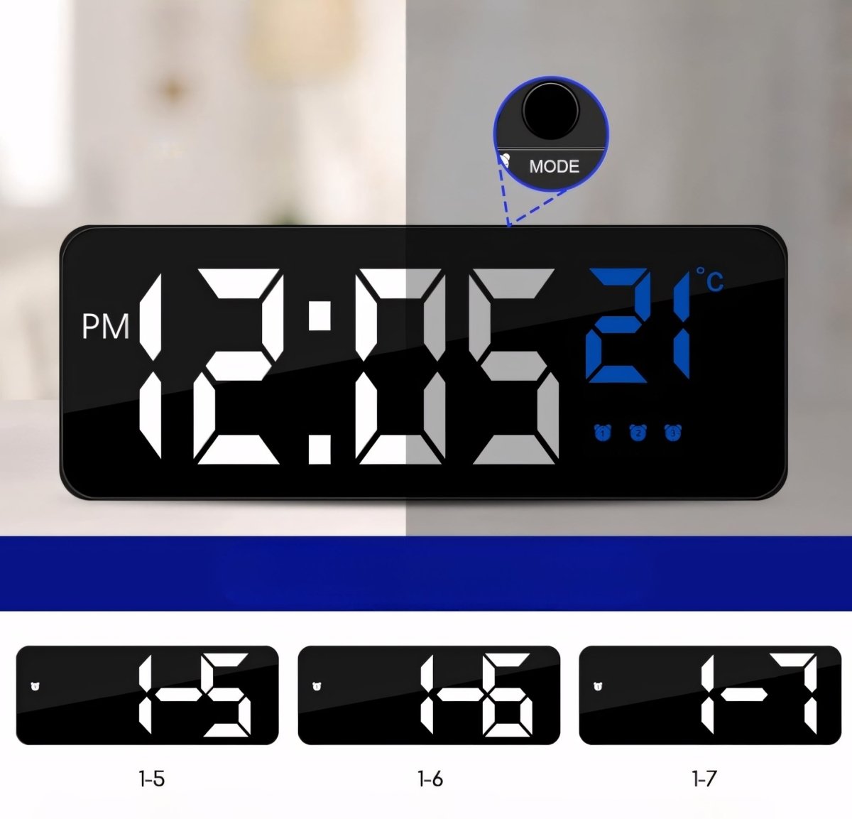 Budzik LED 6,3" czarny z termometrem i USB | REEVE