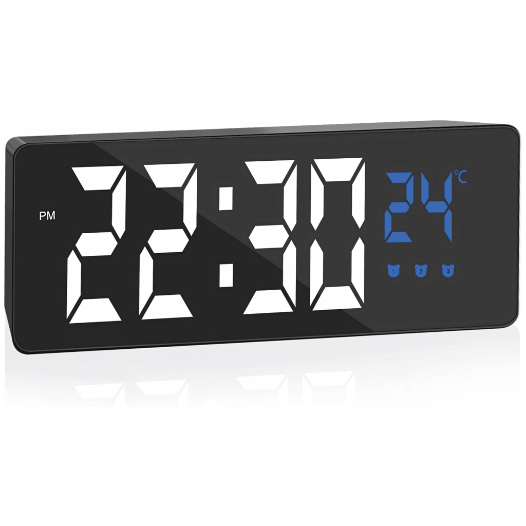 Budzik LED 6,3" czarny z termometrem i USB | REEVE