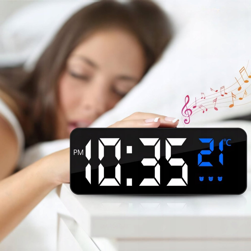 Budzik LED 6,3" czarny z termometrem i USB | REEVE