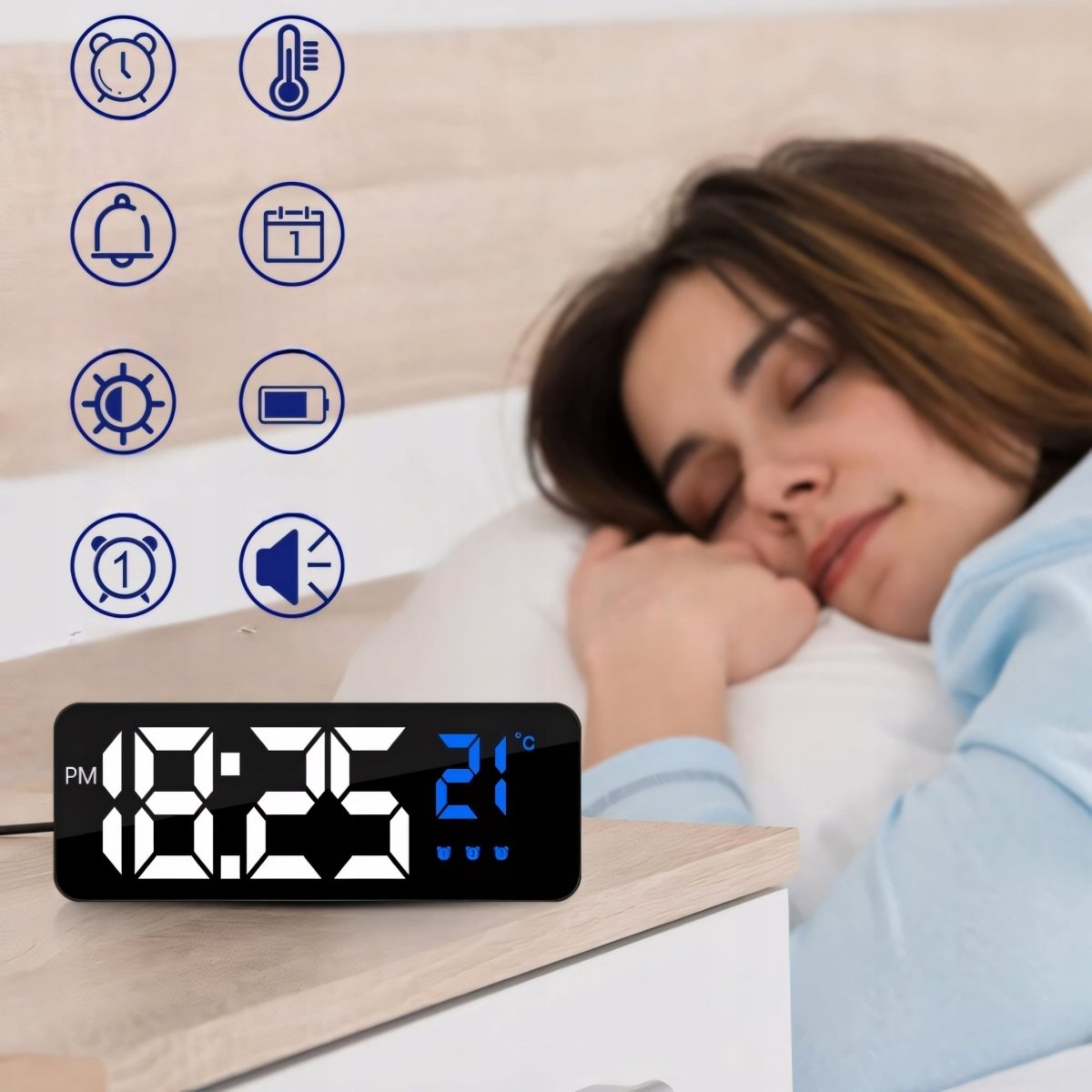 Budzik LED 6,3" czarny z termometrem i USB | REEVE