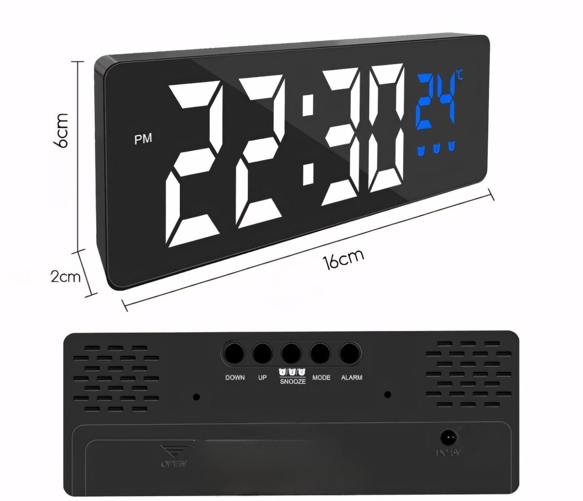 Budzik LED 6,3" czarny z termometrem i USB | REEVE