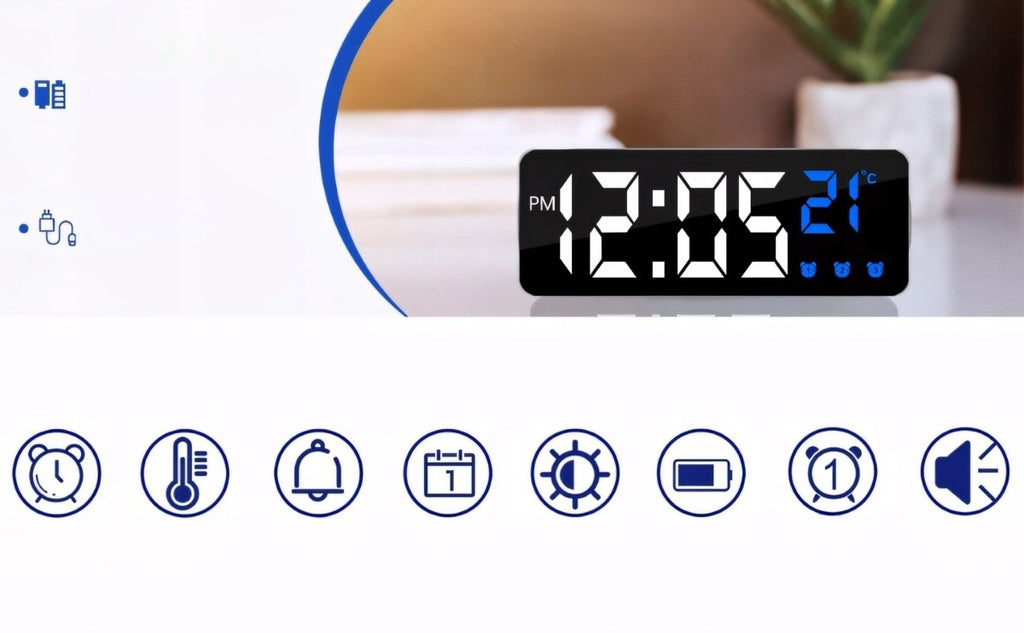 Budzik LED 6,3" czarny z termometrem i USB | REEVE