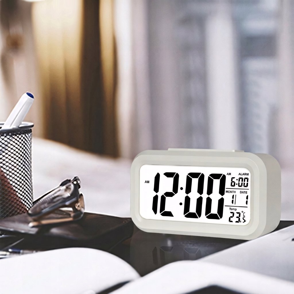 Budzik LED cyfrowy z termometrem i czujnikiem światła, biały | REEVE