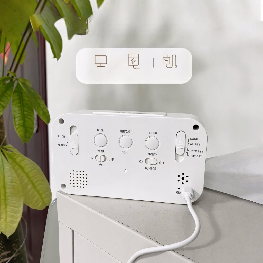 Budzik LED cyfrowy z termometrem i drzemką, USB, biały | REEVE