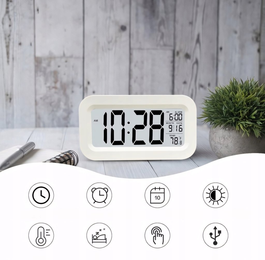 Budzik LED cyfrowy z termometrem i drzemką, USB, biały | REEVE