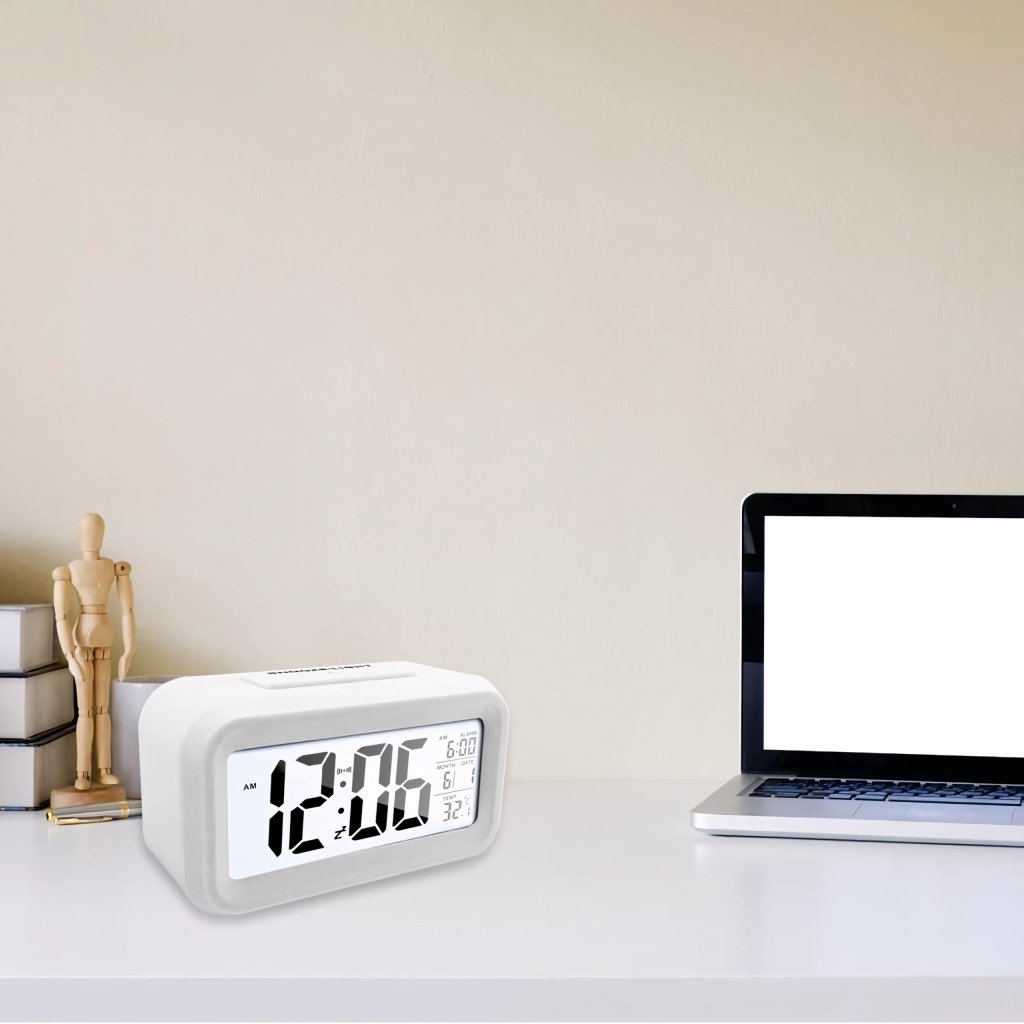 Budzik LED cyfrowy z termometrem i drzemką, USB, biały | REEVE