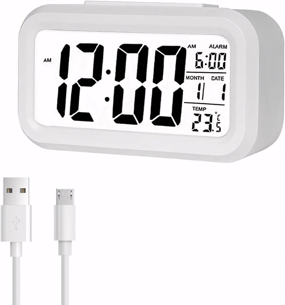 Budzik LED cyfrowy z termometrem i drzemką, USB, biały | REEVE