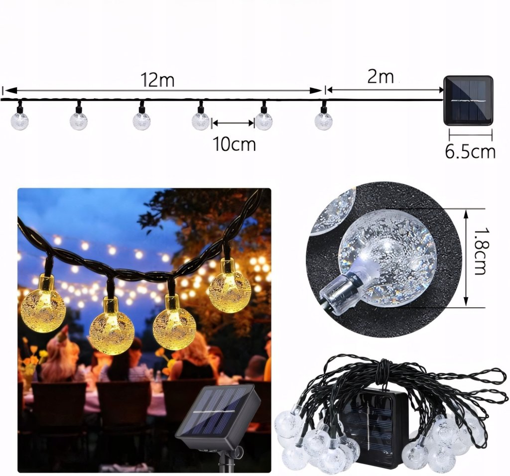 Girlanda solarna LED 12 m, 100 kul, 8 trybów, IP65 | REEVE