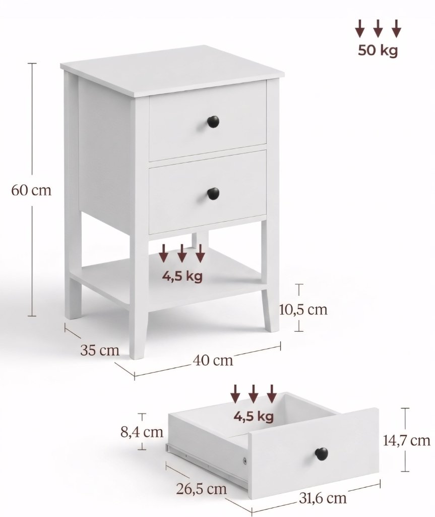 Komplet 2 szafek nocnych białych z szufladami i półką, 60 cm | REEVE