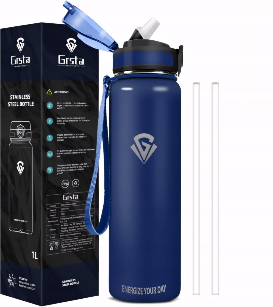 Kubek termiczny 1000 ml ze słomką i przyciskiem, granat | REEVE