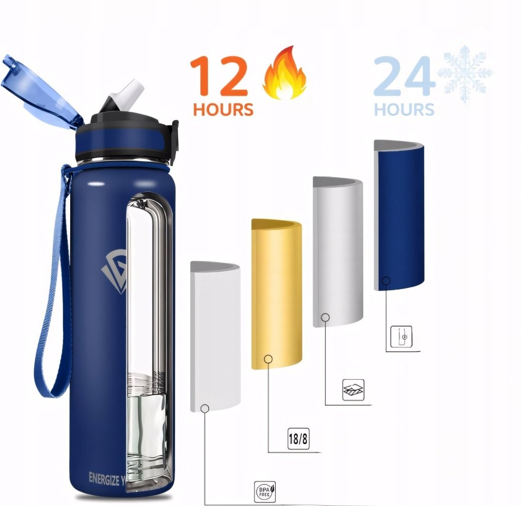 Kubek termiczny 1000 ml ze słomką i przyciskiem, granat | REEVE