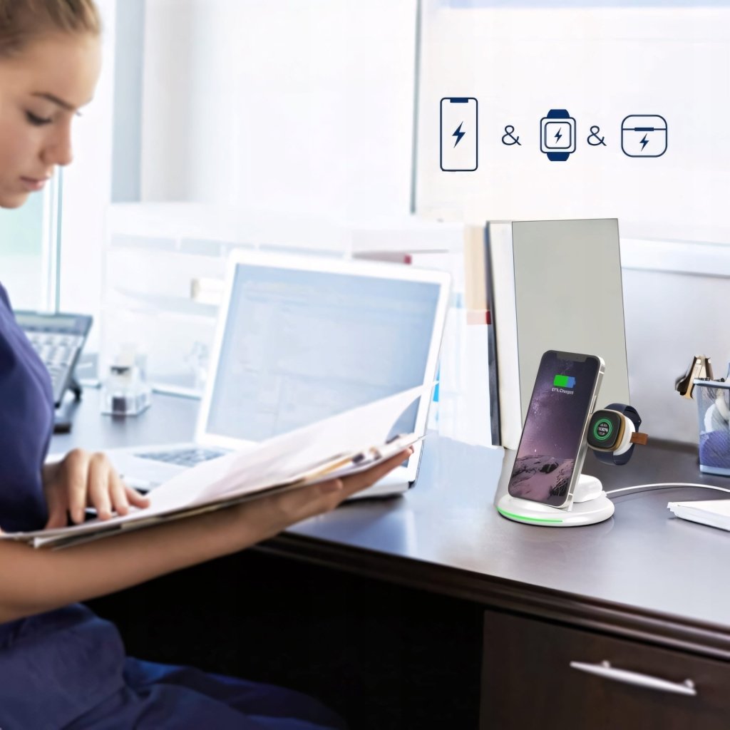 Ładowarka indukcyjna 3w1 biała – szybka, Qi, QC3.0 | REEVE