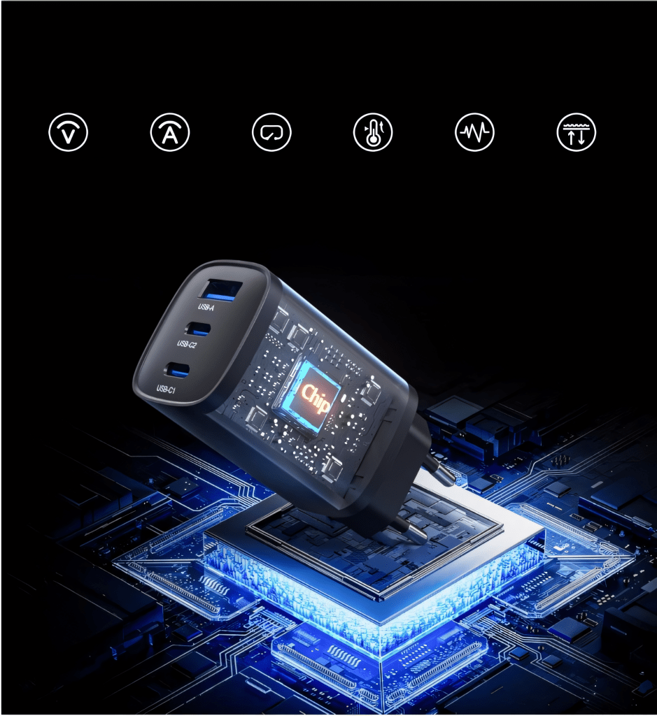 Ładowarka sieciowa GaN 65 W, 2× USB - C + USB - A, PD 3.0 | REEVE