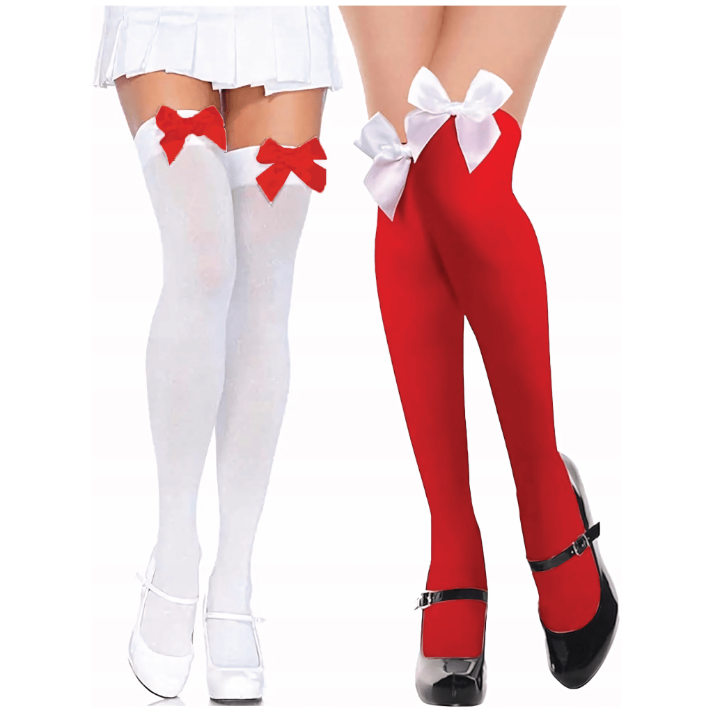 Podkolanówki damskie z kokardką 2 pary biała + czerwona | REEVE