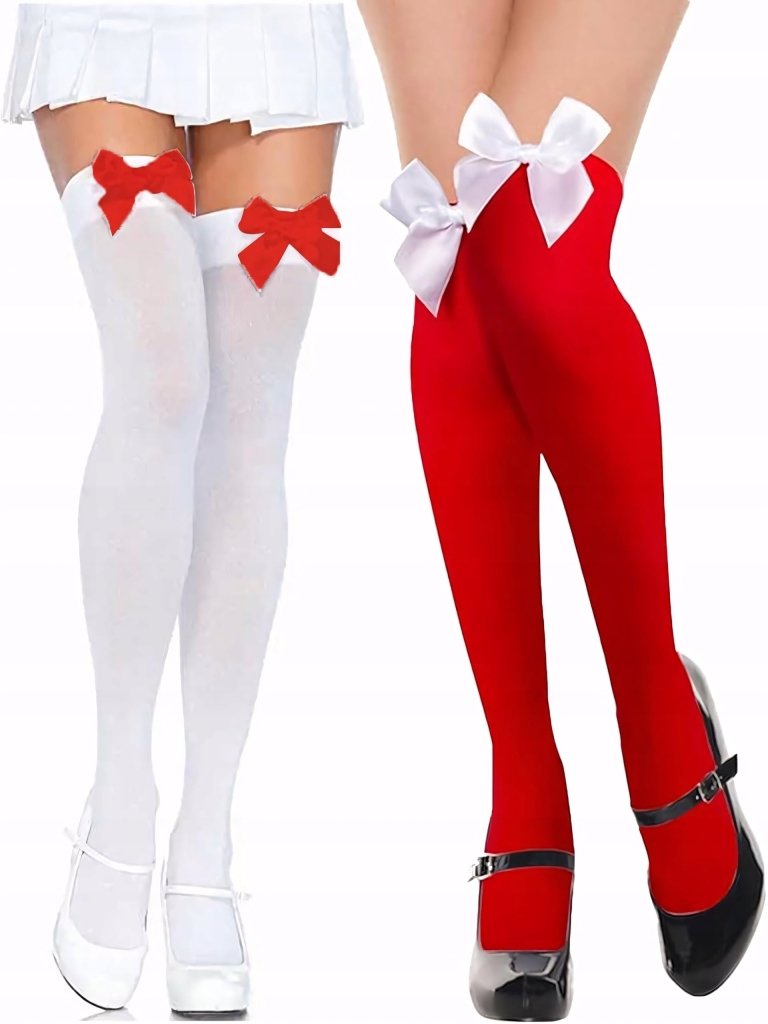 Podkolanówki damskie z kokardką 2 pary biała + czerwona | REEVE