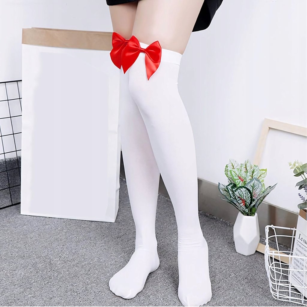 Podkolanówki damskie z kokardką 2 pary biała + czerwona | REEVE