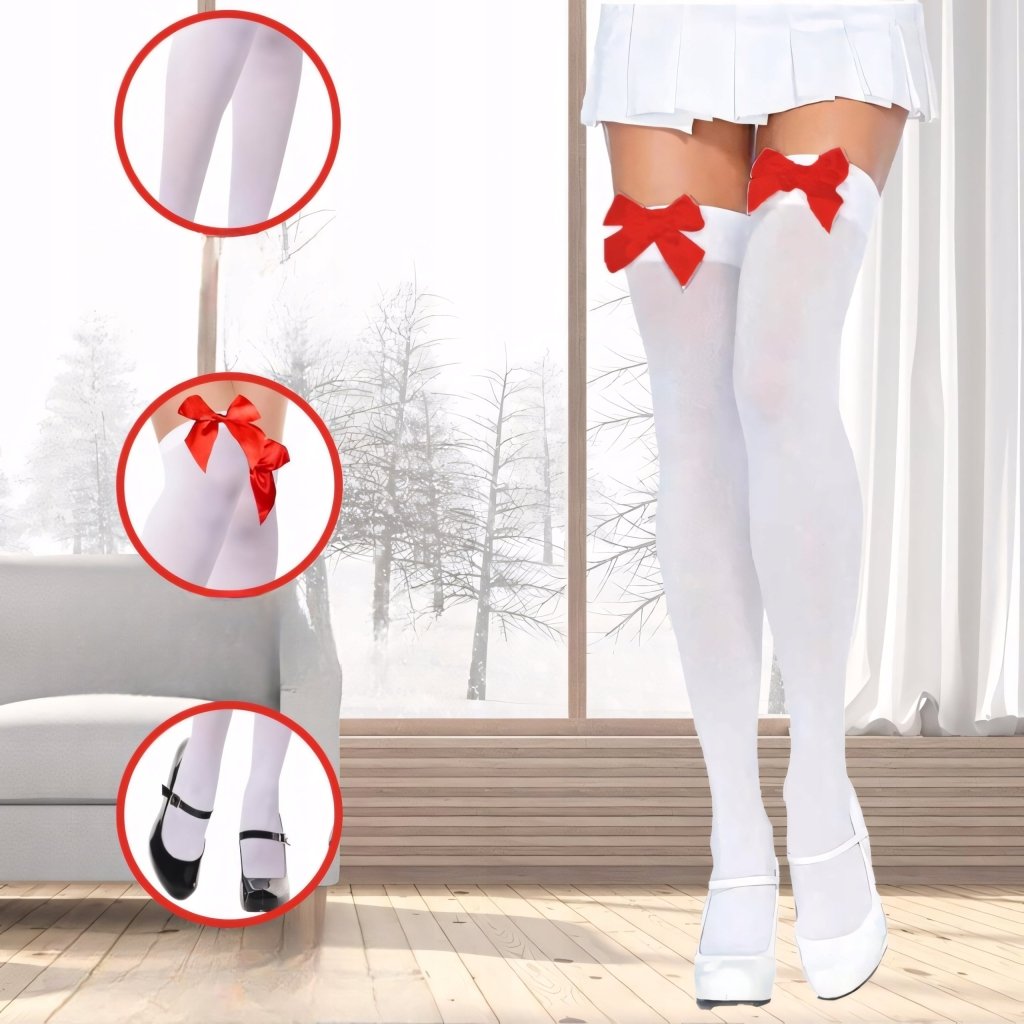 Podkolanówki damskie z kokardką 2 pary biała + czerwona | REEVE