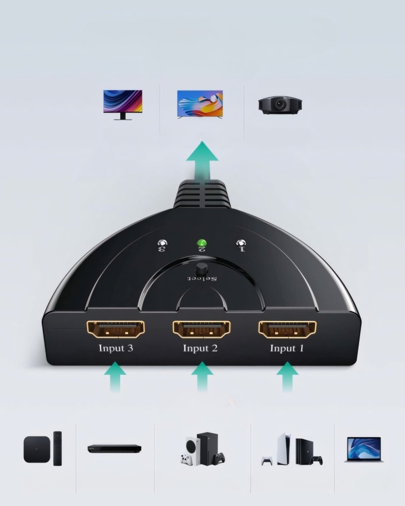 Przełącznik HDMI 3 wejścia / 1 wyjście, Full HD 1080p, 3D | REEVE