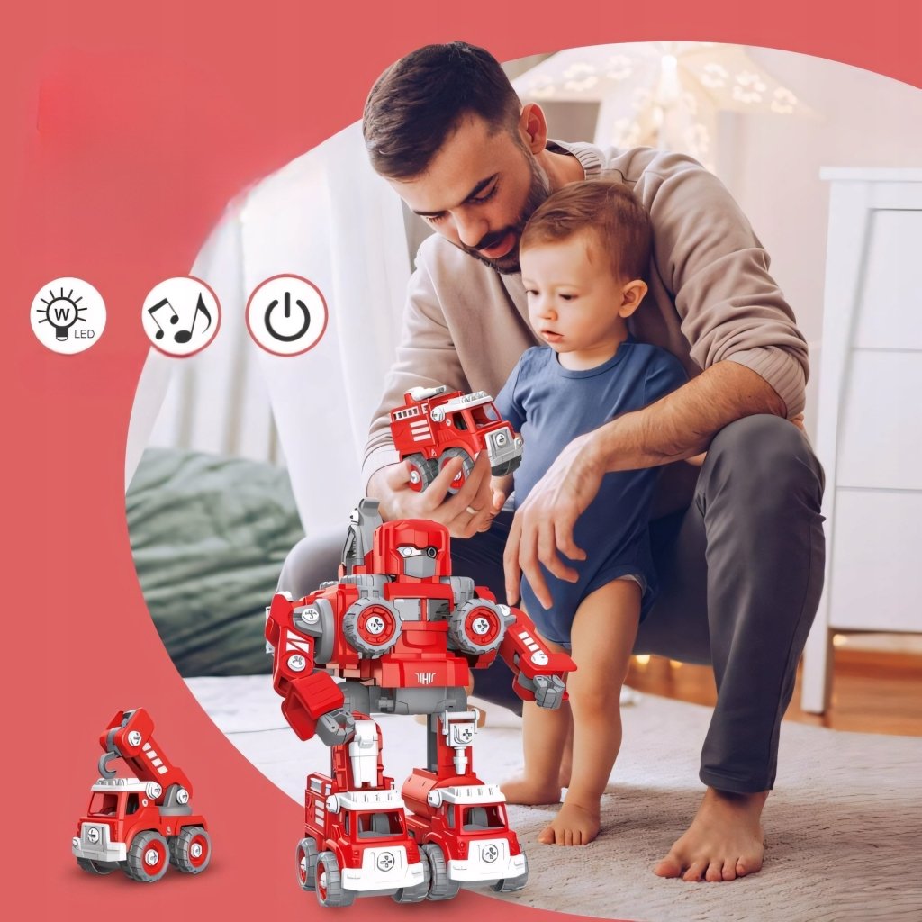 Robot transformer 5w1 – straż pożarna, LED, dźwięk, XXL (31,5 cm) | REEVE