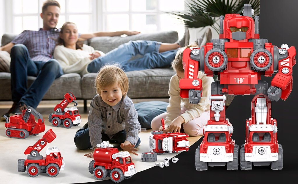 Robot transformer 5w1 – straż pożarna, LED, dźwięk, XXL (31,5 cm) | REEVE