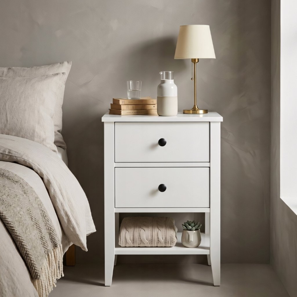 Szafka nocna biała z 2 szufladami i półką, 60 cm | REEVE
