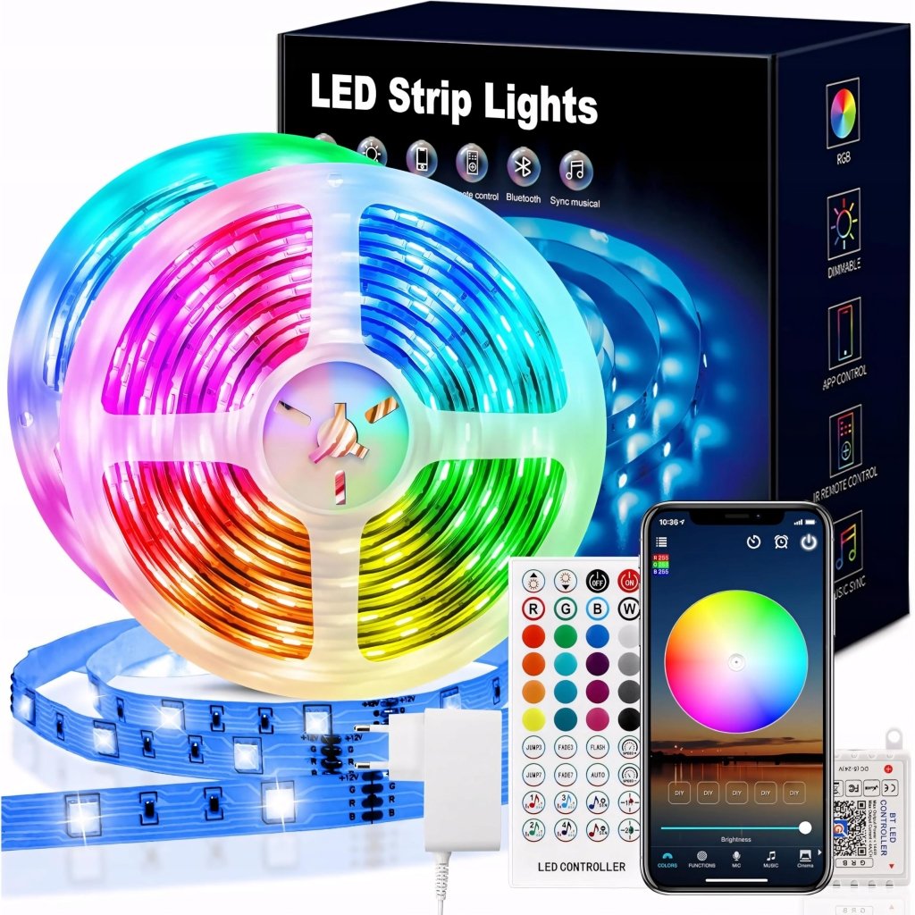 Taśma LED RGB 20 m, 5050, Bluetooth, aplikacja i pilot, IP20 | REEVE